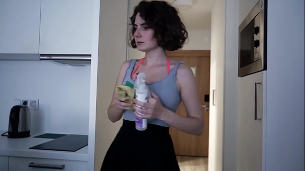 Cleaning the room naked and pov blowjob as a gift with sexy girl sex for money