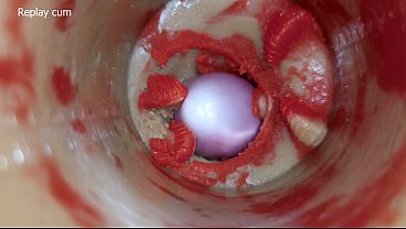 The camera inside the deep pussy toy records a huge ejaculation with a stuck condom 4k