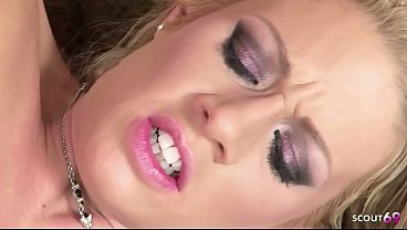 First deep anal and double penetration sex for blonde small tits girl before cum on and in her asshole