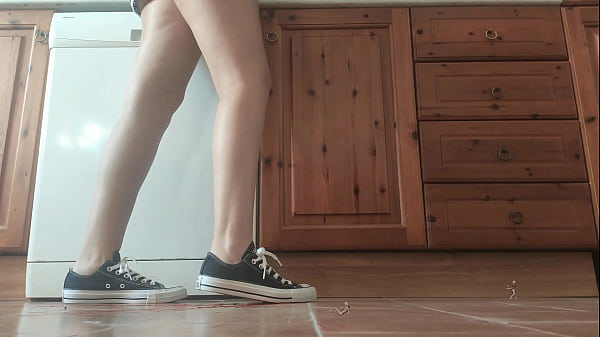Giantess in sneaker crush tiny man 