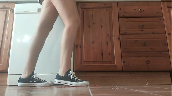 Giantess in sneaker crush tiny man