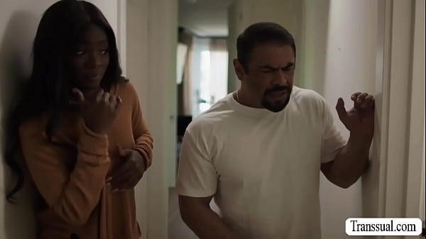 Hot Ebony caught her shemale roommate masturbating in her room.She calls their guy roommate too and she lets him fuck her TS roommates ass. 