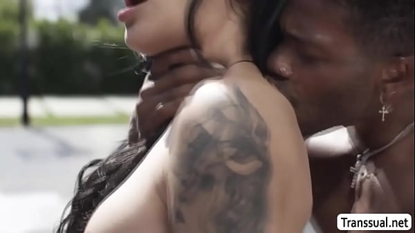 Hot Tgirl Eva Maxim plays basketball with the guys in the court.After that,she throats their hard big cocks passionately and in return,the guys bareback fucks her tight wet ass so deep and fucking hard. 