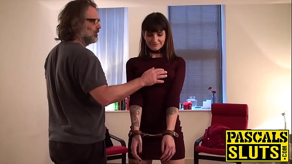 Horny tattooed girl on a leash is very submissive as she sucks and gets spanked while she fucks