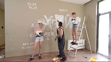 Two Painters Get Their Tight Asses And Pussies Destroyed By The Hung Worker thumbnail