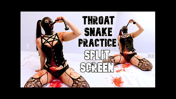 Red puke from deep throat practice split screen