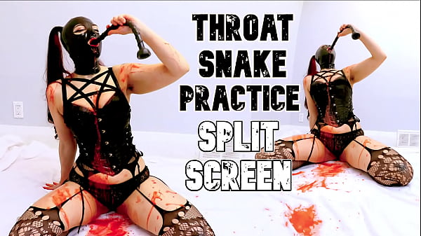 Red puke from deep throat practice split screen