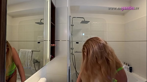 Electronic music festival lover petite blonde festival slut goes no panties in her fishnets rave party outfit 