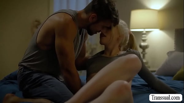 Blonde Trans Woman lets her stepbro close the door and she then throats his hard big cock passionately.After that,she lets him fuck her wet ass. 