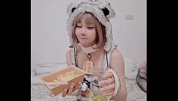 Femboy cosplaying in cute, fluffy beast outfit, Public toilet training: eating piss-soaked rice as a worthless meat toilet