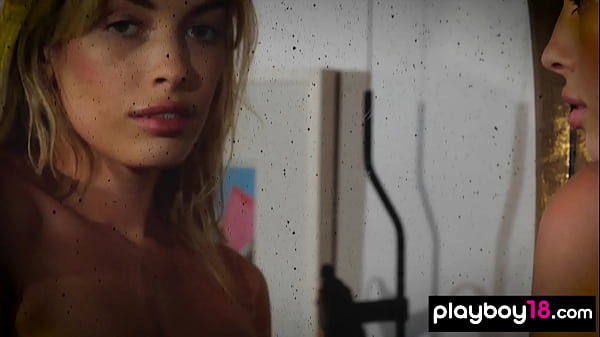 Cute teen blondie washing her perfect tits and her shaved pussy 