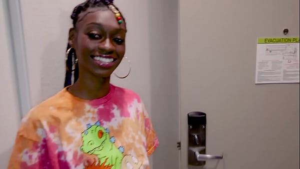 Tiny black slut deep throats huge black cock as cum drips out of mouth