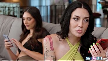 Charlotte Sins wife is delayed but gives her permission to fuck her busty stepsis Aria Sloane while she stays on the line.The lesbians lick pussy 