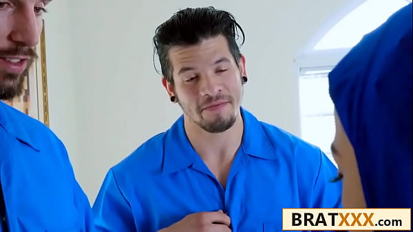 Tiny hijab hottie double teamed by hung movers in her new home 