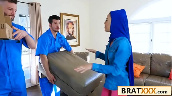 Tiny hijab hottie double teamed by hung movers in her new home