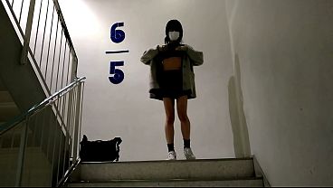Public Flashing at stairs in the department store 