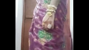 Indian Gay Crossdresser Bottom Gaurisissy Pressing And Playing With Her Big Boobs In Purple Saree With Heavy Jwellery thumbnail