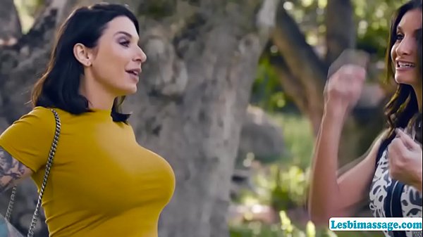 Busty masseuse and her milf customer are outside ready for the masseuse starts massaging her customer and after that her customer gets horny and they start kissing each is they lick their wet pussies on the massage table