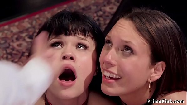 Brunette head slave jade nile gets big cock of master in her hairy pussy in front of bound petite asian yhivi then he whips their butts