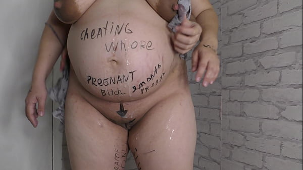 Married Girl With A Big Pregnant Belly And Lactating Tits Who Covered In Dirty Body Writing Gets Sex With Her Cuckold Hubby thumbnail