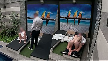 I undress unexpectedly in front of the apartment's waiter open my towel by the pool he agrees to eat me out and i give him a handjob and blowjob until he finishes inside my mouth it was his lucky day; it was the first time it had happened to him 