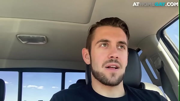 Bearded jock shoots jizz after car masturbation 