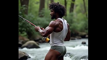Camper Standing In River Fishing In Briefs 