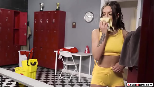 Busty petite babe thinks shes alone in sniffs panties and catches the janitor brunette makes him lick pussy