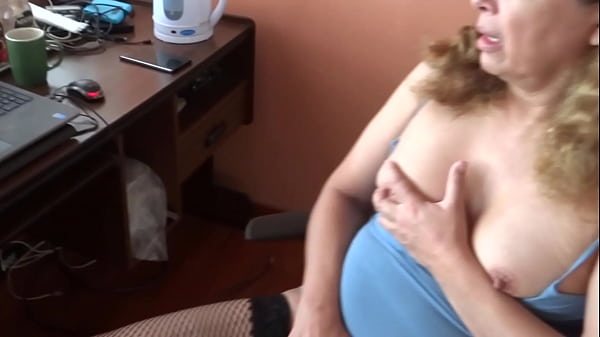 Mature and hairy wife 58 years old gets excited and starts masturbating watching porn on the computer while her husband's friend spyes on her and jerks off