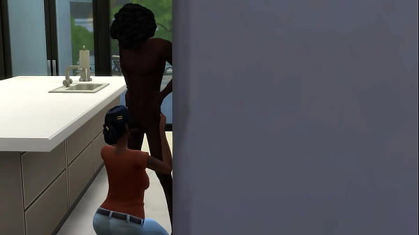 Chocolate babe giving head in the kitchen 