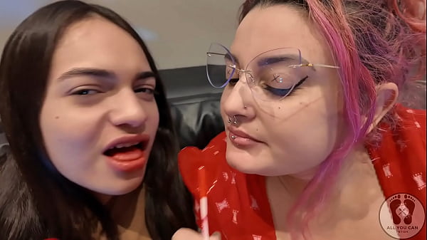 Four girls lollipop chewing gum fetish kissing licking 4k