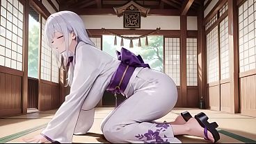 Ai Generated-silver-haired Miko Shrine Secrets! Half-unbuttoned White Kimono, Kneeling Poses And Intense Eye Contact. thumbnail