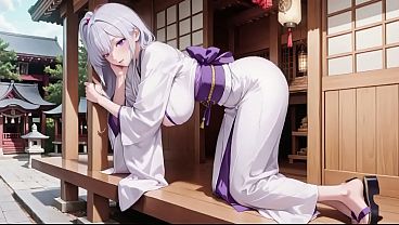 AI generated-Silver-Haired Miko Shrine Secrets! Half-unbuttoned white kimono, kneeling poses and intense eye contact.