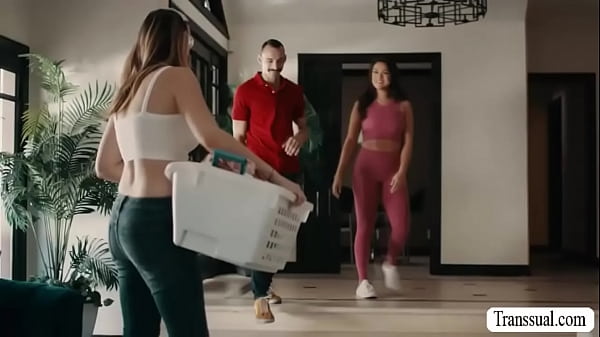 Busty pale shemale babe Ivory Mayhem is doing a laundry.The blonde trannys pants tearsoff and the stud takes advantage fucking her ass bareback anal. 