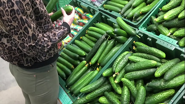 Blonde chooses cucumber in the store fucks her horny pussy with a cucumber sucks cock and fucks doggystyle amateur couple fetish pov sex