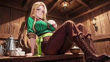 Ai - Blonde Maid behind the bar, flushed in a tight green striped uniform!