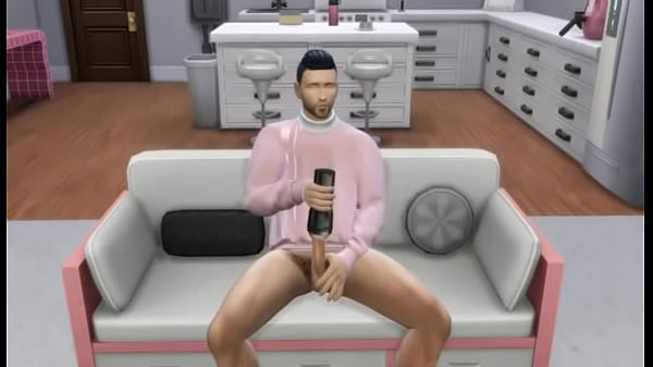 Gay asian plays with himself on couch 