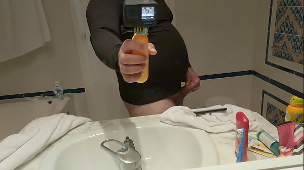 Big belly guy in_spandex_shirt jerking off infront of mirror cumming on_the floor