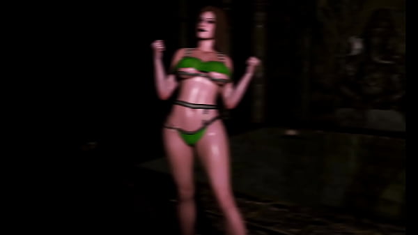 Thick counterpart of lara croft in bikini demonstrates her wet shapes in dungeon