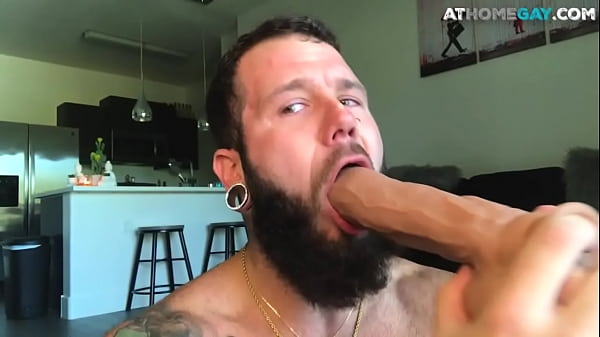 Bearded athlete masturbates with a big toy for jizz 