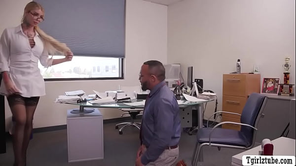 Shemale boss lets his black worker throat her hard shecock passionately in her office.After that,they get totaly naked and then she lets him bareback fuck her tight wet ass so deep and fucking hard. 