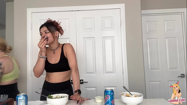 Two friends eat and belch 