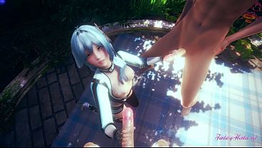 Genshin Impact Hentai - Eula in a threesome blowjob with cum in her tits and mouth - Anime manga game hentai