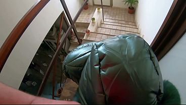 Slutty Mature Orgasm &ndash; Blowjob & Cum On Green Shiny Downjacket thumbnail