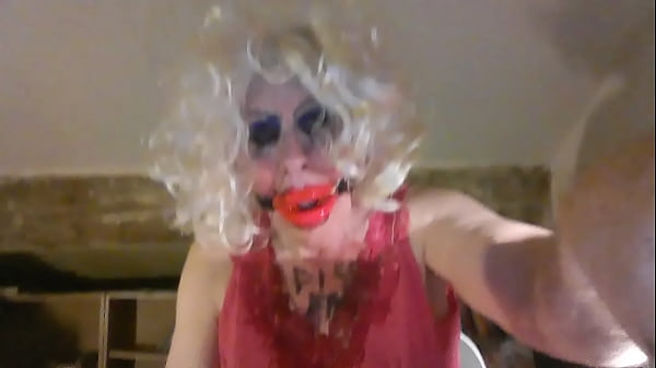 Pee stained Tranny, Sarah Millward, inserts 8 inch dildo through mouth gag, then up her 'vagina,' masturbates cocklet - for you to cum over 