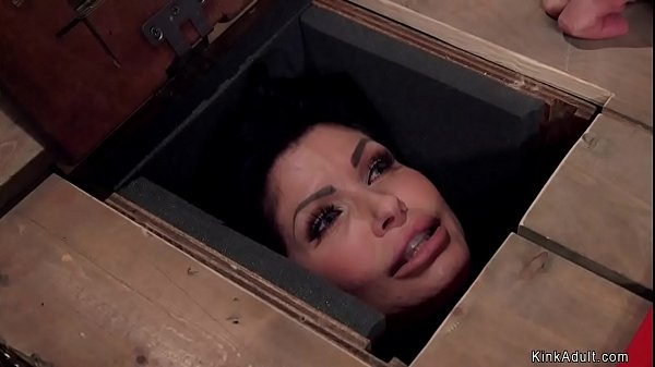 Master brings hot huge tits brunette milf slave in wooden box and then makes her suck huge dick to assistant in slave training threesome