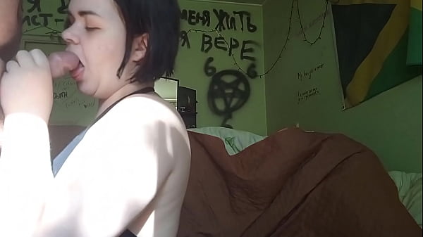 Thick girl is hungry for cum very much so she gets a really big load on her face neck and tits 