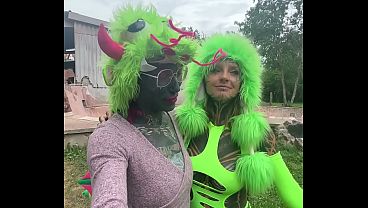 Adorable inked girl in cute outfit rides on massive dildo