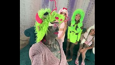 Adorable inked girl in cute outfit rides on massive dildo