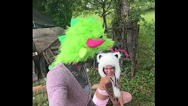 Adorable inked girl in cute outfit rides on massive dildo